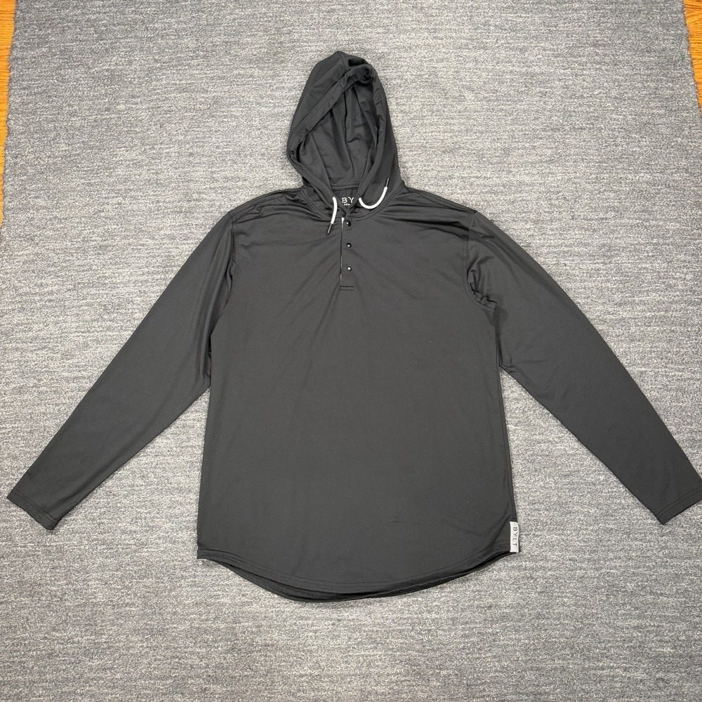 BYLT Drop Cut Hooded Henley Lux Shirt Men Large Long Sleeve Pullover Casual Gym